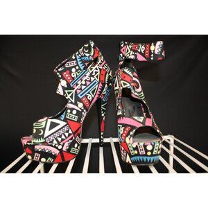 AMI CLUBWEAR PLATFORM STILETTOES HEELS BLACK MULTI-COLOR SIZE 7.5